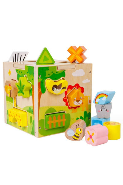 OEM Cub Montessori din lemn cu forme geometrice si animale