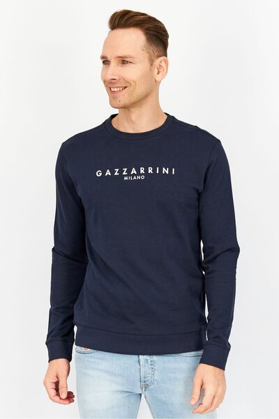 GAZZARRİNİ Men Crew Neck Long Sleeve Solid Sweatshirt, Navy