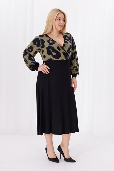Madwilo Women's Khaki Green Leopard Pattern Blocky Double-Breasted Neckline Balloon Sleeve Plus Size Stretchy Maxi Dress