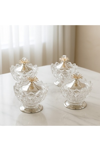 Dania طقم سكريات زجاج محجر ديكور اناناس بغطاء وقاعدة معدن فضي 4 قطع