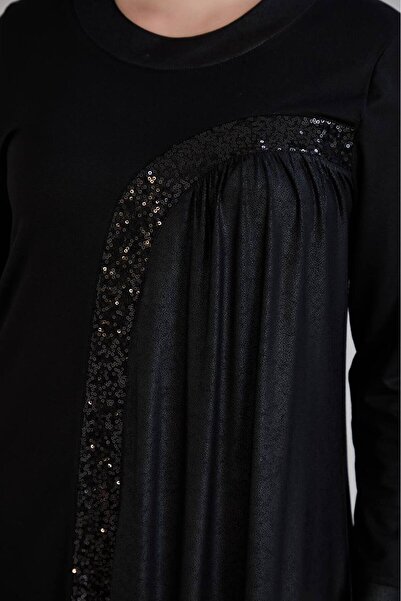 FOR ESRA BIG TREND Women's Plus Size Sequin Stripe Shirring Stitching Leather-Look Stretchy Viscose Long Dress