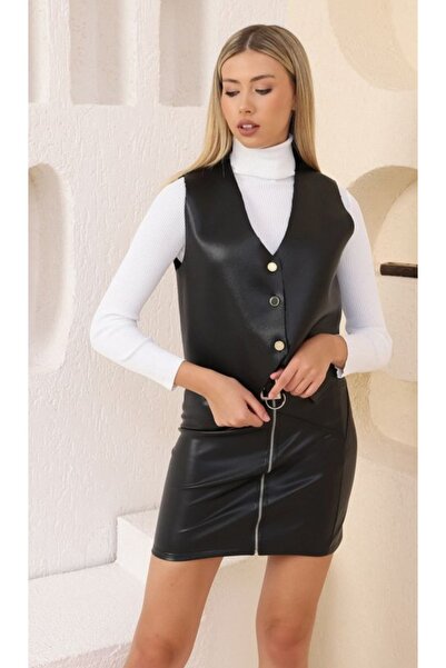 TOPSHOW Faux Leather Button Detailed Vest
