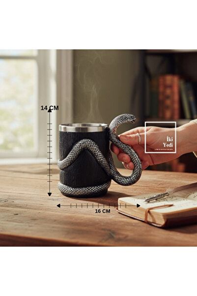 77 Massett Yılan Figürlü Paslanmaz Çelik Kupa Bardak Siyah Dokulu Büyük Boy B...