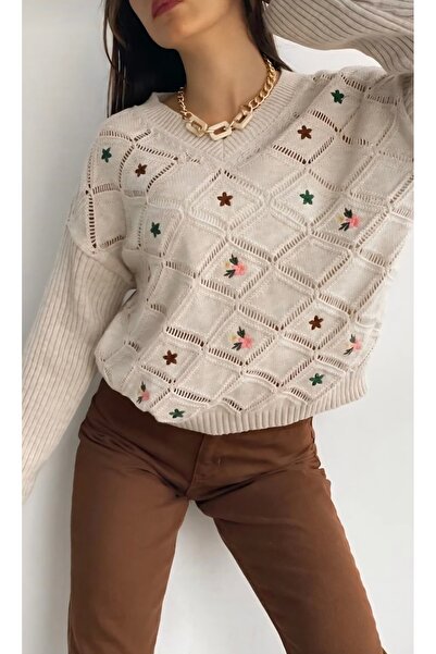 MODA Γυναικείο πλεκτό πουλόβερ με κέντημα και τρύπες, κανονικού μεγέθους, χωρ...