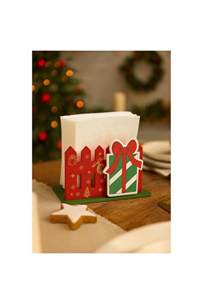 OEM Christmas Wooden Napkin Holder, Gift Design, 10.5 x 6 x 6 cm, Red/Green
