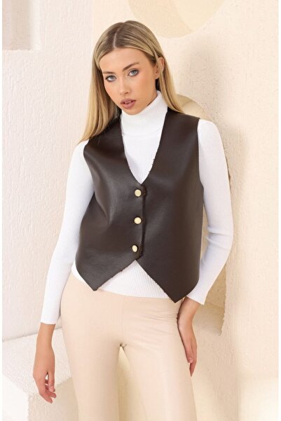 TOPSHOW Faux Leather Button Detailed Vest