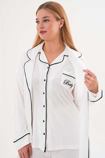 Mecit Pijama Mecit 6333 Ecru Women's Buttoned Pajama Set with Robe