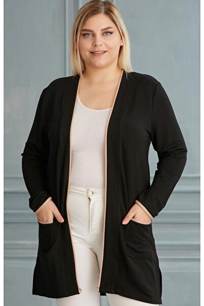 FOR ESRA BIG TREND Kadın Büyük Beden Bej İnce Şerit Detay Çift Cep Yan Yırtmaç Esnek Viskon Hırka