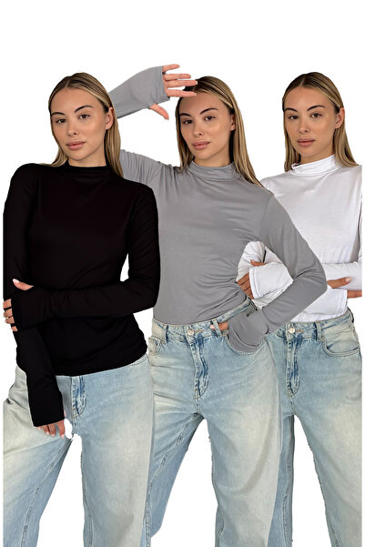 RDK Giyim Дамски комплект от 3 части с детайли на пръстите - черен, сив, бял