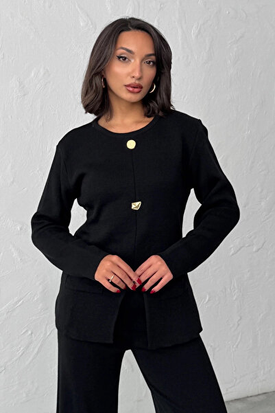 Lusin Women's Black Gold Button Detailed Bottom and Top Two-Piece Knitwear Set