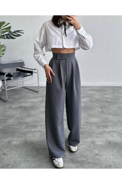 Luvty Kadın Beli Cırt Kapamalı Likralı Bol Paça KIŞLIK Şık Palazzo Pantolon