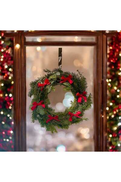 TASARİMECRN Yılbaşı Canlı Kapı Süsü Çelengi Canlı Çam Dalı Kırmızı Kurdeleli Kapı Süsü 30 Cm