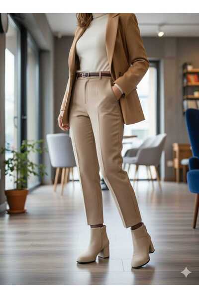 Efe Süet Kadın Bot Kalın Topuklu Topuk Yükseklik 6 Cm Taba Renk Dar Kalıp