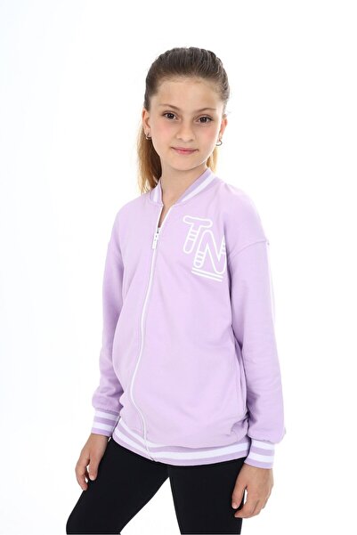 Toontoy Πλεκτή ζακέτα με τύπωμα με φερμουάρ και ανοιχτό ώμο για κορίτσια σε λιλά χρώμα - 2 κλωστές