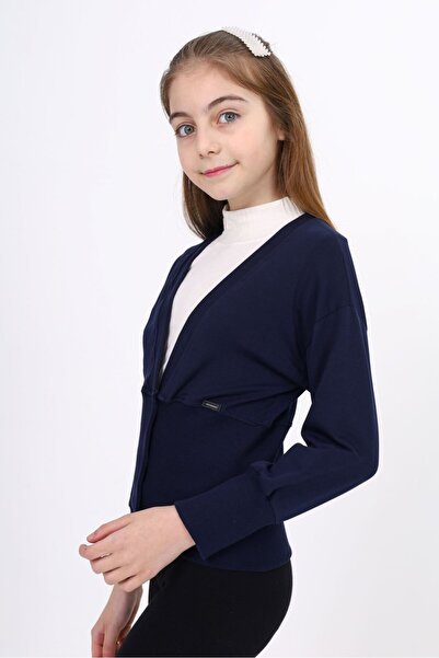 Toontoy Σχολική ζακέτα με κορδόνια σε μπλε ναυτικό χρώμα για κορίτσια με λαιμόκοψη σε σχήμα V με κουμπιά και κορσέ πλεκτό - 2 κλωστές καμιζόλα