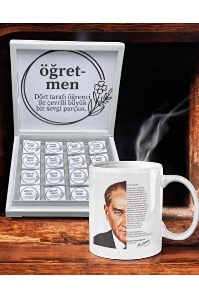 Denseden Teacher's Day Gift Atatürk and Hitabe for Youth Special Printed Mugs and 32 Pieces of Candy in a Cardboard Box