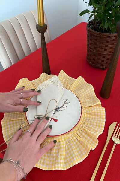 zarafet concept 6 Adet Sarı Pötikare Yuvarlak Fırfır Detaylı Amerikan Servis/...