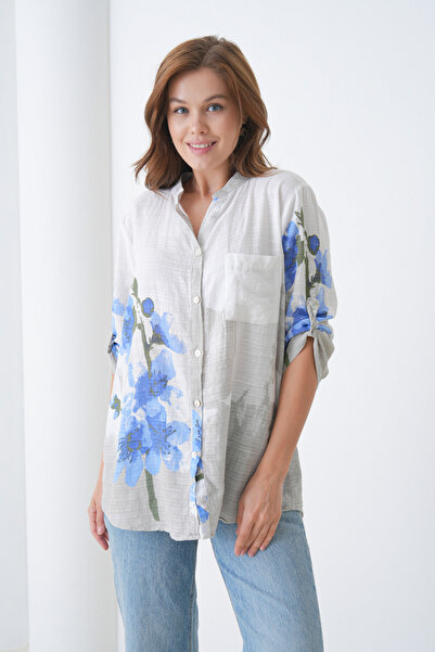 MAMAYAGA Cămașă din bumbac cu mânecă lungă, elegantă, cu model, confortabilă, din in italiană, potrivită pentru femei în îmbrăcăminte islamică