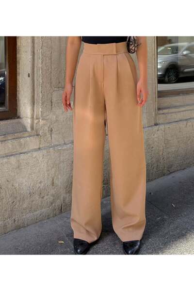 Luvty Kadın Beli Cırt Kapamalı Likralı Bol Paça KIŞLIK Şık Palazzo Pantolon -TABA