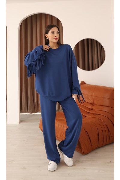 02Lady Fashion قصة فضفاضة طقم رياضي من قماش المودال بتفاصيل شرابة