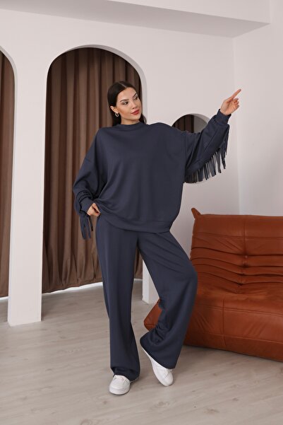 02Lady Fashion Oversized Tassel Detailed Modal Fabric Tracksuit Set