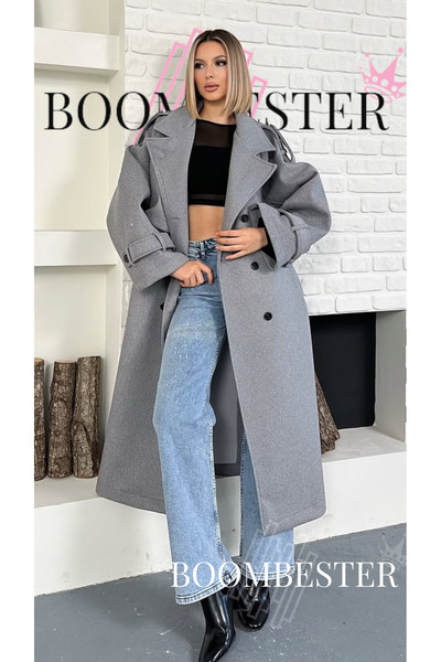 BoomBester Kadın Gri Kaşe Kuşaklı Oversize Kaban / Trençkot