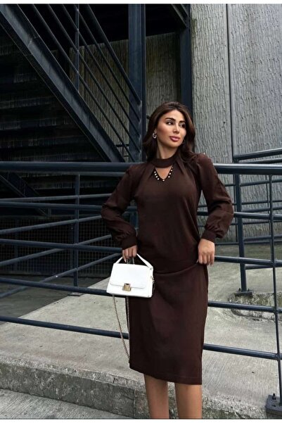 Lovely butik Long Sleeve Knitted Midi Dress Women V-Neck Detail