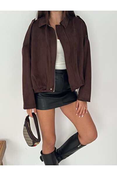 02Lady Fashion Oversized Suede Fabric Jacket with Epaulet Detail