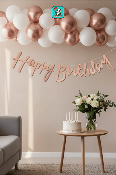 Bunloon Calligraphy Banner Rose Gold Happy Birthday – 110 cm Party and Birthday Decoration