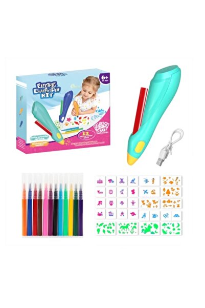 CREATIVE Set pixuri spray electrice pentru copii 6+, 12 markere multicolore, 30 șabloane spray, PE, verde/albastru
