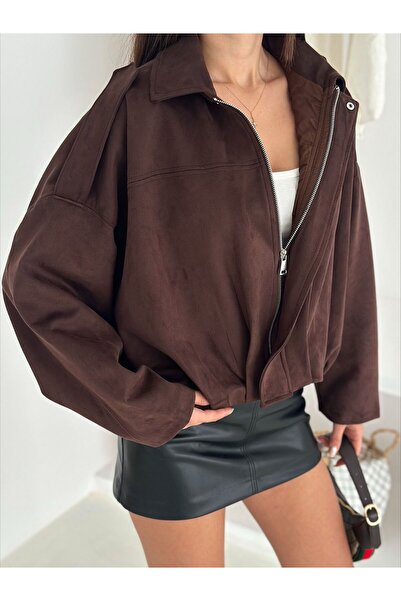02Lady Fashion Oversized Suede Fabric Jacket with Epaulet Detail