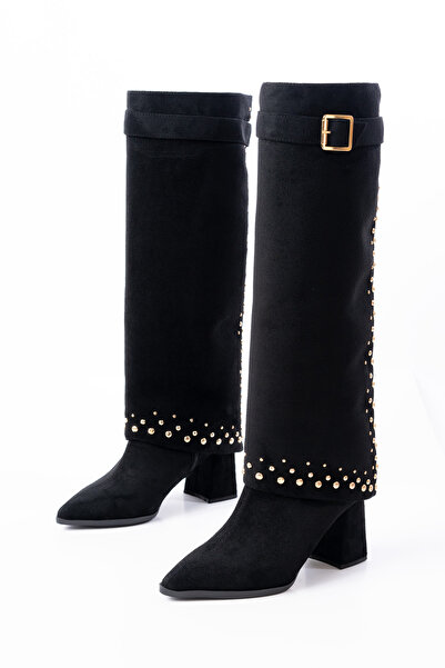 SEEM & BE Jennifer Trok Detaylı Tak Çıkar Western Topuklu Süet Siyah Çizme / Bot