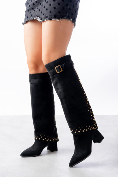 SEEM & BE Jennifer Trok Detaylı Tak Çıkar Western Topuklu Süet Siyah Çizme / Bot
