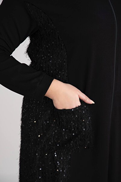 FOR ESRA BIG TREND Γυναικεία ζακέτα μεγάλου μεγέθους με γένια στα πλαϊνά, παγιέτες, τσέπες, φερμουάρ κάτω, ελαστική, ελαστική, μακριά ζακέτα από βισκόζη