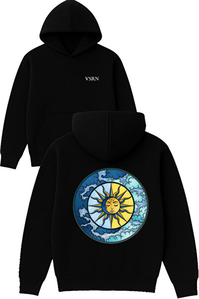 VSRN Hanorac negru supradimensionat cu glugă, imprimat cu design Moon and Sun