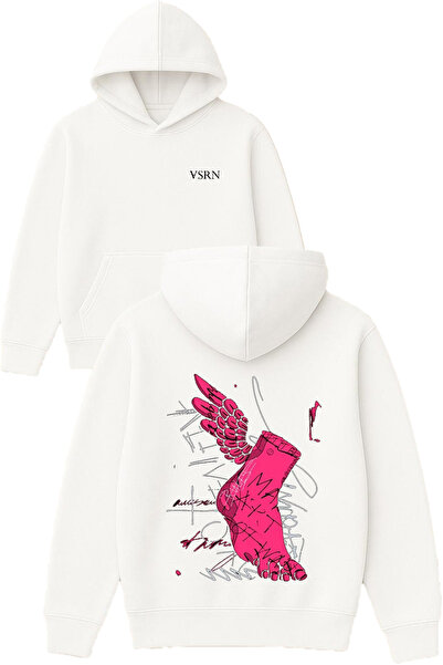 VSRN Hanorac alb supradimensionat cu glugă, cu imprimeu cu design Winged Foot