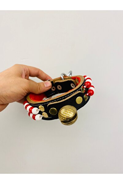 Sürmeli Tasma Küçük ve Orta Irk Köpek Tasması Hakiki Deri Tek Zilli Boncuklu Ultra Sağlam 45 Cm