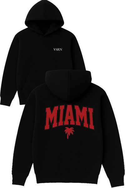 VSRN تصميم ميامي بالم مطبوع قصة فضفاضة سويت شيرت أسود بغطاء رأس