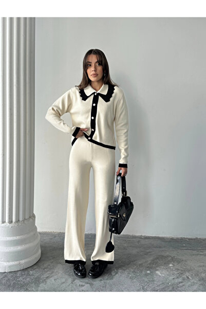 Lusin Women's Collar Detailed Top and Bottom Stylish Knitwear Set - Ecru