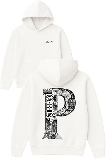 VSRN تصميم حرف باريس مطبوع قصة فضفاضة سويت شيرت أبيض بغطاء رأس