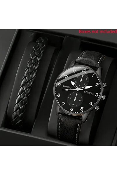 Feronnucci Siyah Deri Kordonlu Erkek Kol Saati + Örgü Bileklik Seti HEDİYE 644