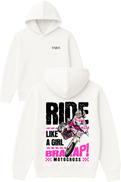 VSRN Hanorac alb supradimensionat cu glugă, cu imprimeu design motocross girl