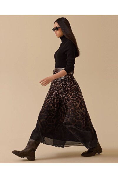 SEÇİL Leopar Desenli Şifon Etek-SİYAH - M