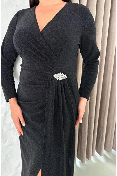 FOR ESRA BIG TREND Women's Plus Size Glitter Fabric Waist Detail Stone Accessory Front Slit Stretchy Long Evening Dress