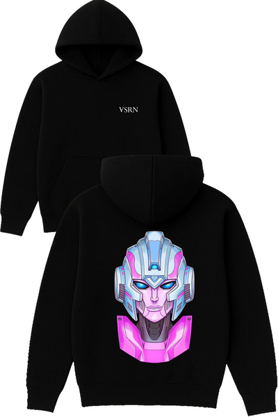 VSRN تصميم الروبوت الوردي مطبوع قصة فضفاضة سويت شيرت أسود بغطاء رأس