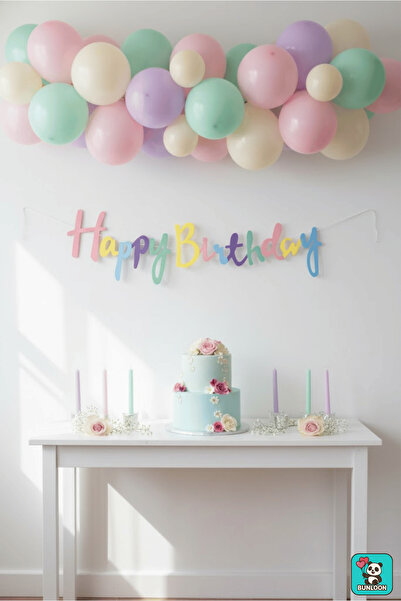 Bunloon Calligraphy Banner Makaron Happy Birthday – 110 cm Pastel Colored Birthday and Party Decoration