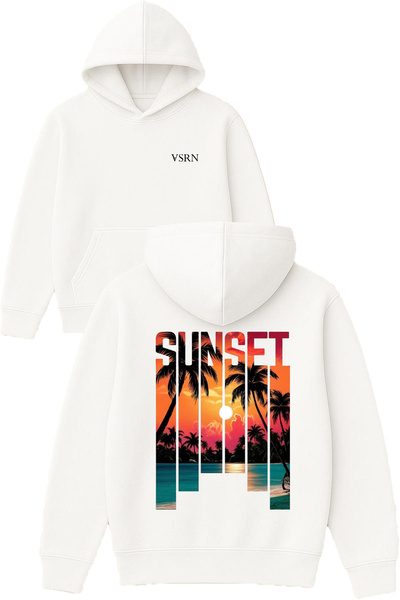 VSRN Hanorac cu glugă alb supradimensionat, cu imprimeu design oblong sunset
