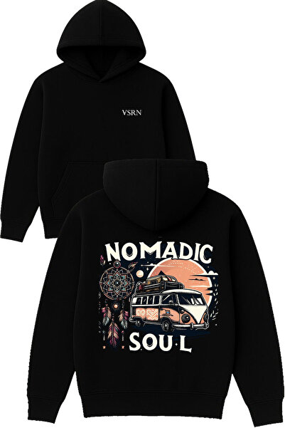 VSRN Suflet nomad Design imprimat Hanorac negru supradimensionat cu glugă