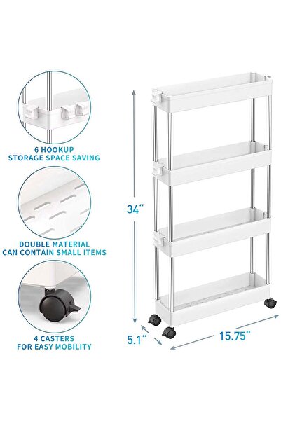 Ella Home Bathroom shelf unit with wheels, 4 shelves and 6 hooks, white, 85x38x12cm