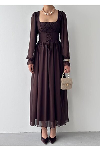 Masspera Kare Yaka Uzun Kollu Tamo Korsaj Bağlama Maxi Elbise